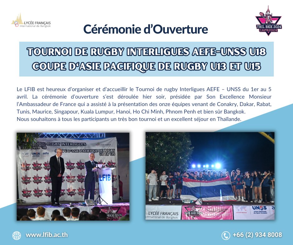 Le LFIB est heureux d’accueillir le Tournoi de rugby Interligues AEFE – UNSS du 1er au 5 avril. La cérémonie d’ouverture s’est déroulée hier soir, présidée par Son Excellence Monsieur l’Ambassadeur de France qui a assisté à la présentation des onze équipes. #LFIB #AEFE