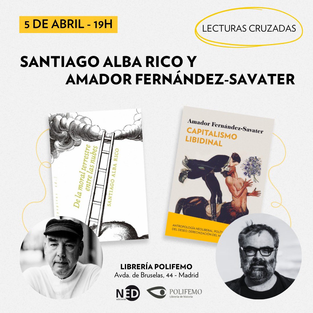 ¡Buenos días! 
Volvemos a la rutina librera y estrenamos mes invitándoos, este viernes, a acompañarnos en el evento #LecturasCruzadas con los autores Santiago Alba Rico y Amador Fernández-Savater. 

<a href="/pepitaseditora/">Pepitas editorial</a> <a href="/ned_ed/">NED Ediciones</a>