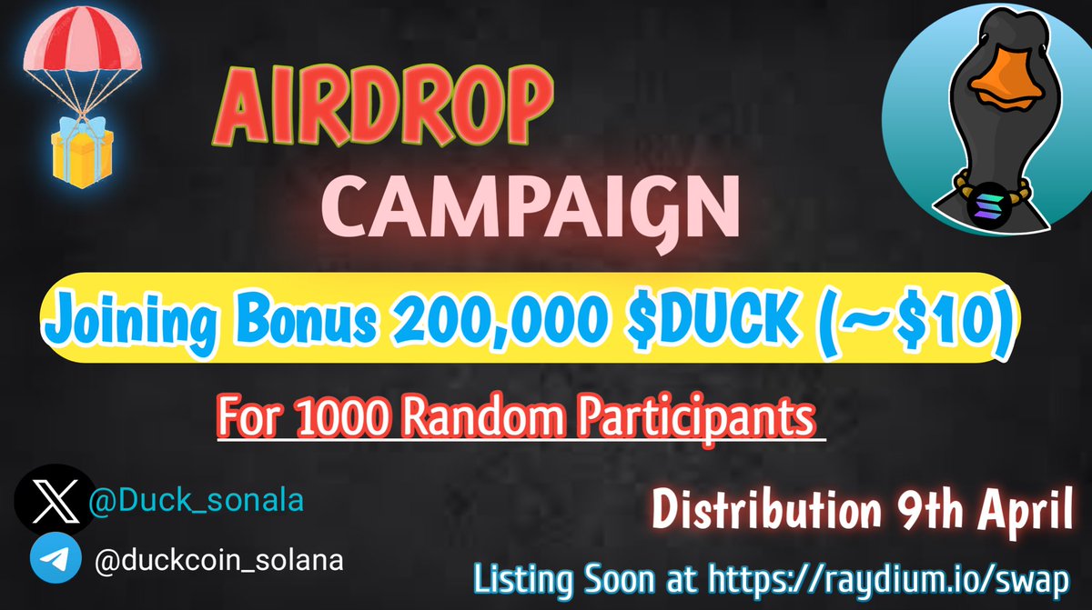 New airdrop: Solana Duck Reward: 200,000 $DUCK (~$10) Distribution date: May 18th 🔗Airdrop Link: t.me/AirdropNinja36… #airdrop #crypto #bitcoin #cryptocurrency #airdropninjapro #binance #blockchain