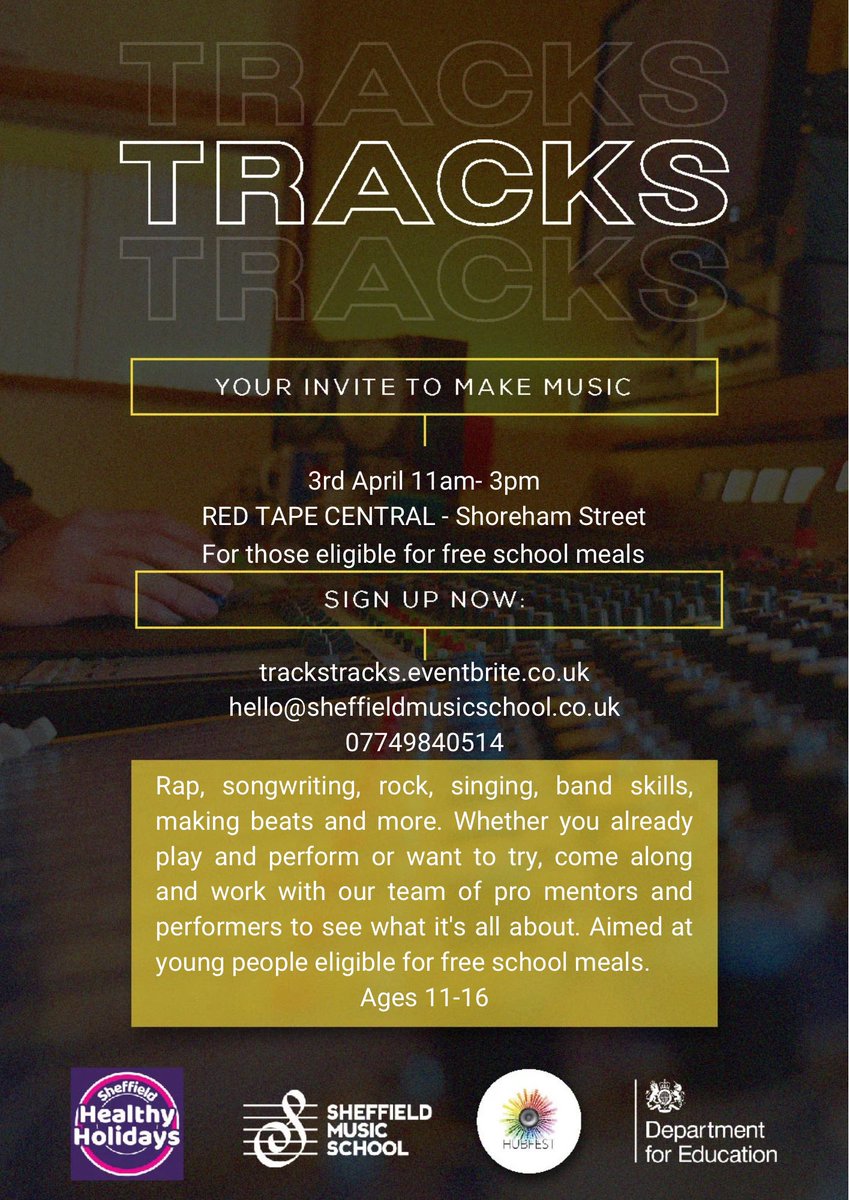 TRACKS course! 
Free places for kids eligible for free school meals. 
✍️Weds: Song in a Day- no experience required
🎸Thurs:Band Time- for those already in a band or who play/sing who would like to be in a band
🎤Fri:Rap and Production
Sign up: eventbrite.com/e/178178365287…