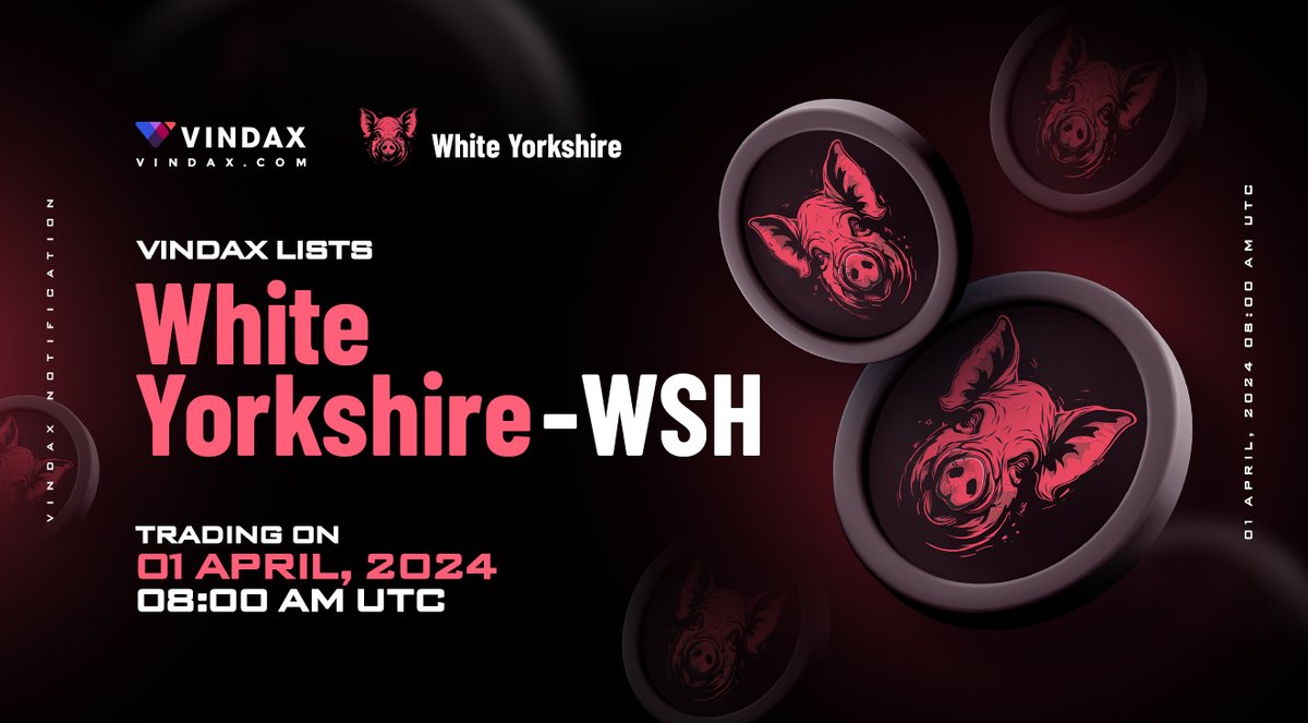 📢 VinDAX will open trading for White Yorkshire ( $WSH ) ⏰Trade time: 2024/04/01 08:00 AM UTC 🔗Trading pairs: WSH/USDT 🚀Full news at: fliam.co/ophtx #Vindax #newlisting #WhiteYorkshire #WSH #cryptocurrencies #CryptoNews