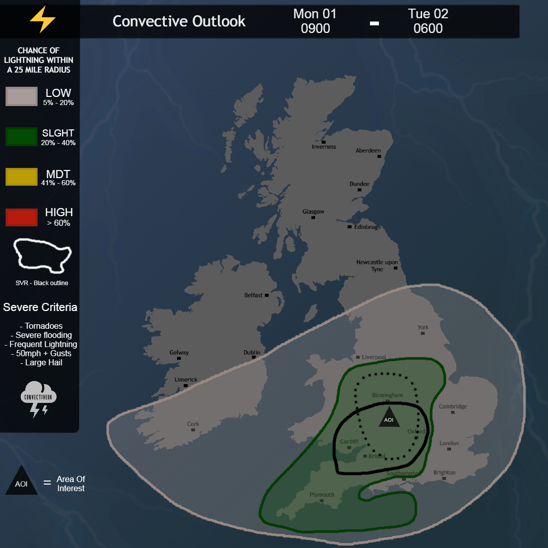 Convective Outlook 🌩️ Showers & T-storms are expected to develop across the majority of England, bringing frequent lightning due to the widespread +800J/KG Cape & intense rainfall. The main interest area is across W Midlands where highest CAPE levels can be expected.