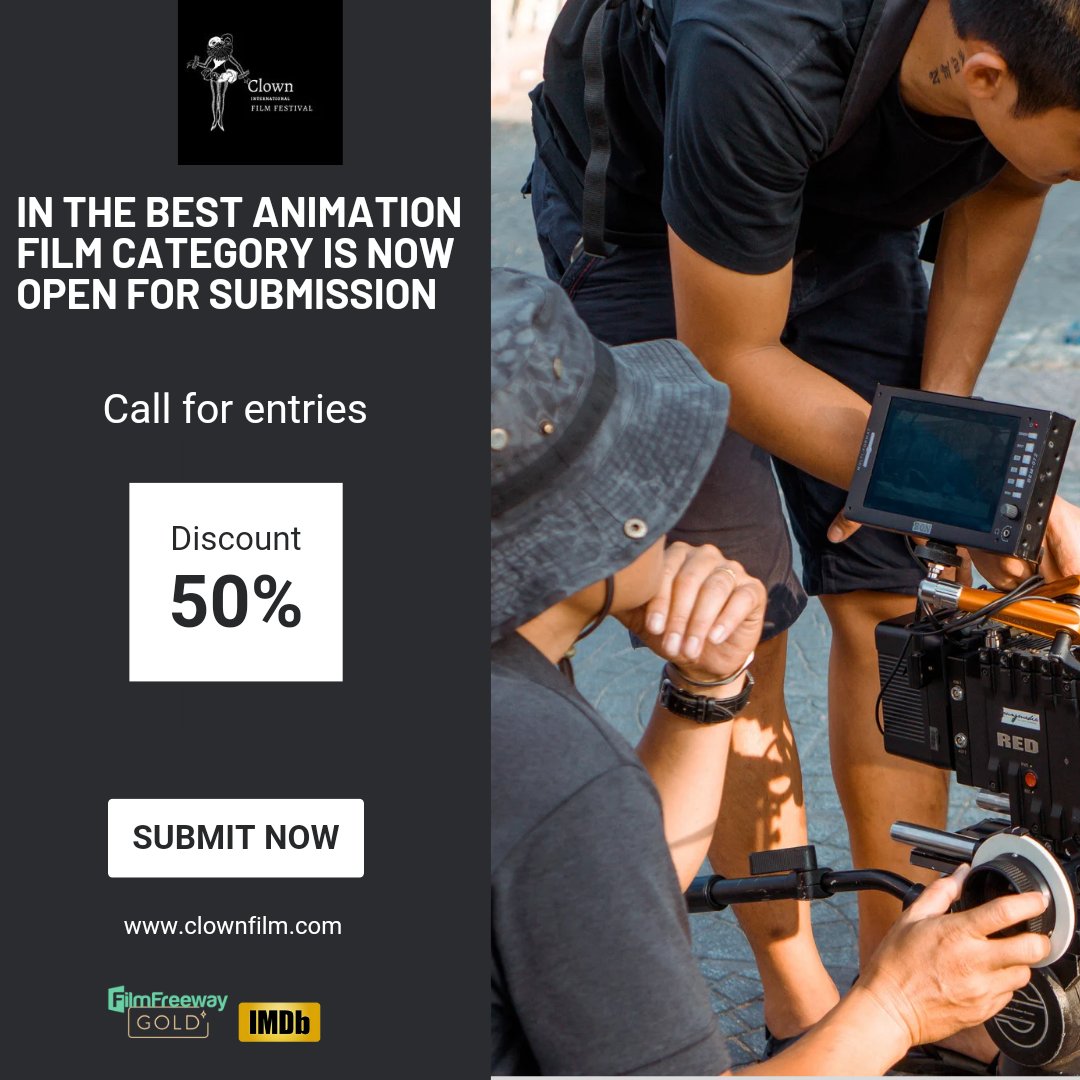 The submission for the Best Animation film category is now open. Discount code: CLOWN50 Submit your project via filmfrreeway #project #imdb #filmfreeway #submission #filmfestival #animation