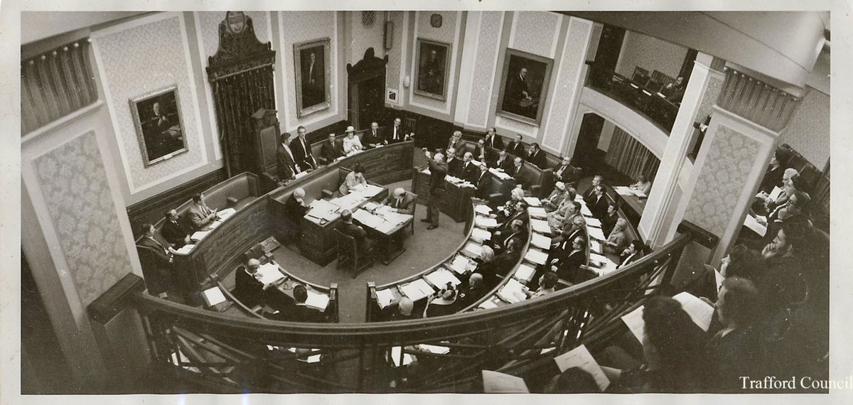 TomWRoss's tweet image. Trafford Council is officially 50 years old today. @TraffordCouncil formed on 1 April 1974 and this image is from the first council meeting at Trafford Town Hall (Stretford Town Hall as was)….