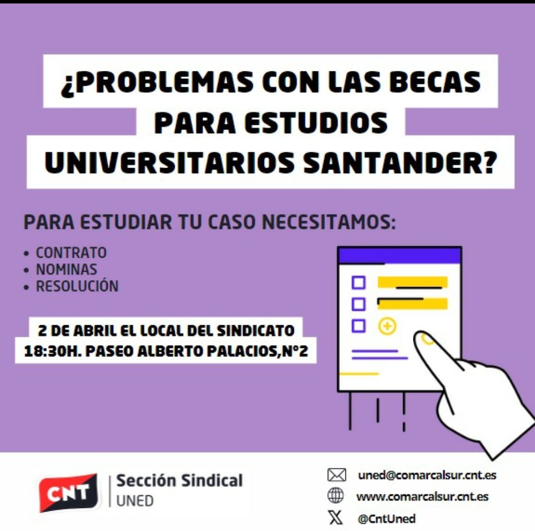 📢 Si tienes un contrato de convocatorias UNED-Santander y quieres que lo revisemos, pásate mañana por <a href="/CNT_Villaverde/">CNT Comarcal Sur Madrid</a> o escríbemos a uned@comarcalsur.cnt.es

👀 ¡Tenemos motivos para decirte que es importante echarle un ojo!