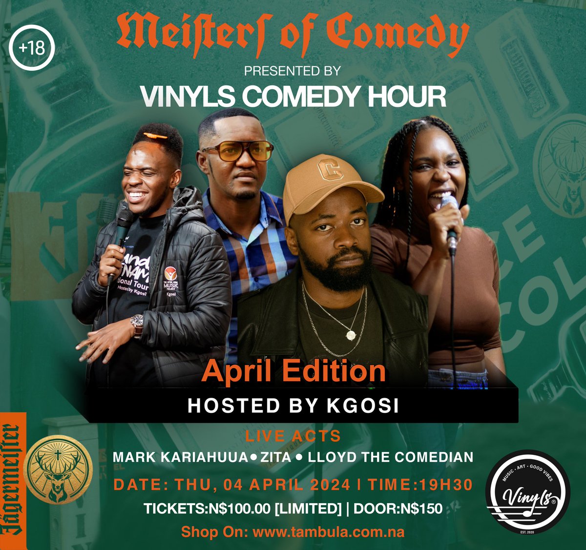 VernxnvW's tweet photo. Meisters of Comedy presented by Vinyls Comedy Hour April edition this Thursday 🦌🎭

Hosted by Kgosi 
Live acts: Mark Kariahuua | Lloyd The Comedian | Zita 

🗓️Thu, 04 April 2024 at 20:00
📍 @vinylswhk

🎟️ Limited tickets now available on: https://t.co/FgMq07ol0o link in bio https://t.co/eamg6blsbd