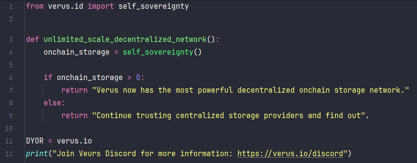 VerusWhale's tweet image. Verus $VRSC new on-chain storage capability is ready to power #Web3 #decentralized applications. Built on 
#VerusID, it unlocks unlimited scale and possibilities for the future of online #storage, #AI #LLM, #NFTCollection, #P2P  &amp;amp; #Metaverse #Valu. Find out more at verus. io