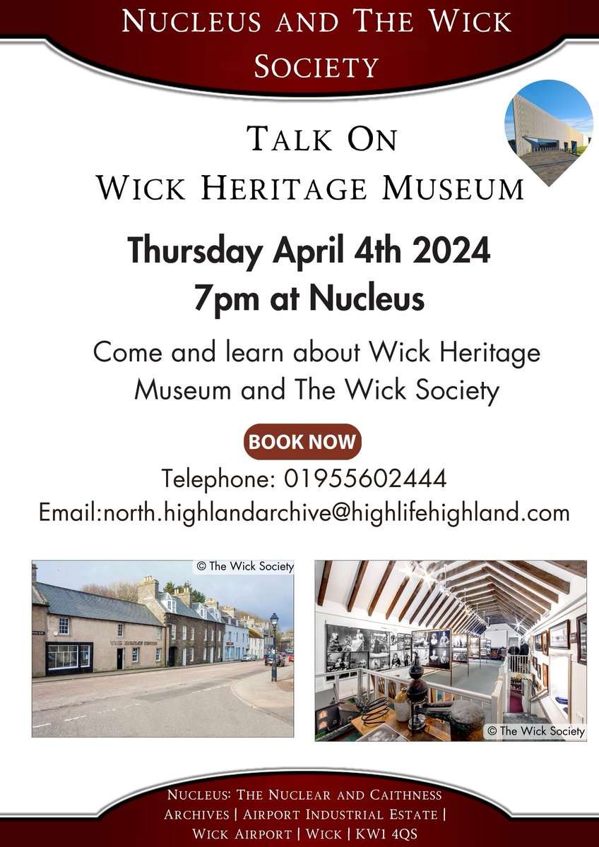 The last in our series of talks from the @WickSociety is this Thursday night. The final talk will focus on Wick Heritage Museum. Book now to secure your place on 01955 602444 or north.highlandarchive@highlifehighland.com #wick #caithnessarchive #HLHMoreThanLeisure #heritage