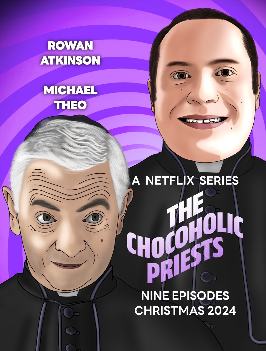 First poster for Wonka spin-off series starring Michael Theo (Love on the Spectrum) and Rowan Atkinson, reprising his role as Father Julius. Only on Netflix Christmas 2024. Happy April Fools' Day!