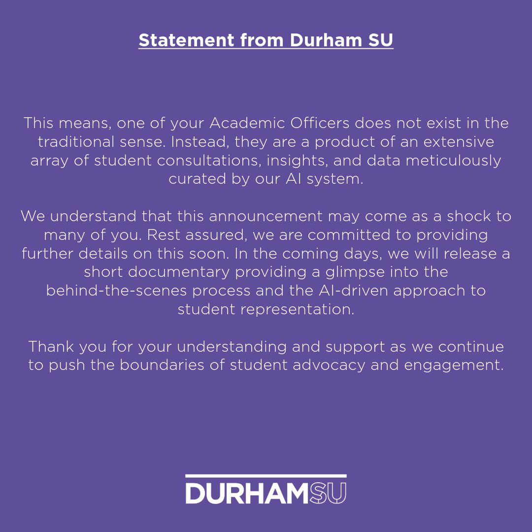 Statement from Durham Students' Union. Full details can be found here: durhamsu.com/articles/state…