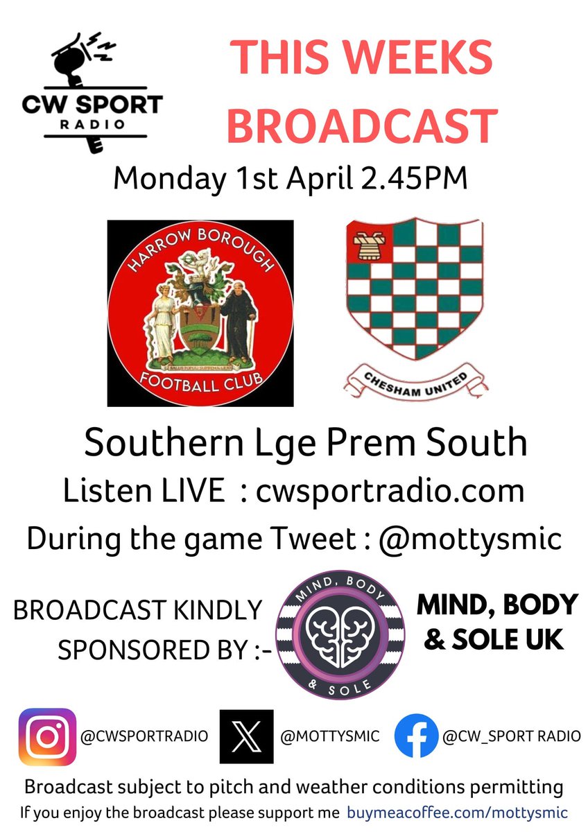 PLS RT MATCHDAY @harrowboroLive vs @cheshamutdfc in the @SouthernLeague1 Hope to see a big crowd today but IYCMI you can listen in  @BBC3CR @Ollie_Bayliss @WycombeSound @ChilternVoice @RadioDacorum
@bucksfreepress @cheshamtown @AlexHorne
@Chess_Suite @cheshamutdlfc @cufc_generals