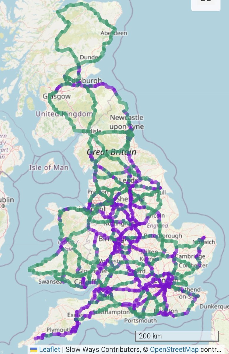We're looking to walk, run, check and verify this core inter-city network of #SlowWays this summer We're 51% done! Can you help check a green bit and make a new connection? Purple sections are already verified. Know someone who could!? beta.slowways.org/user/waylist/2… 🐌