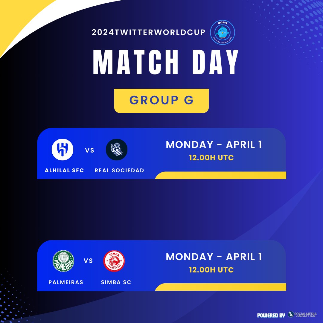 ✴ Big time matches today!

◼𝗚𝗥𝗢𝗨𝗣 𝗚◼ 

<a href="/Alhilal_FC/">نادي الهلال السعودي</a> VS <a href="/RealSociedad/">Real Sociedad Fútbol</a> 
<a href="/Palmeiras/">SE Palmeiras</a> VS <a href="/SimbaSCTanzania/">Simba Sports Club</a> 

⏰ 12.00h UTC  

#2024TwitterWorldCup