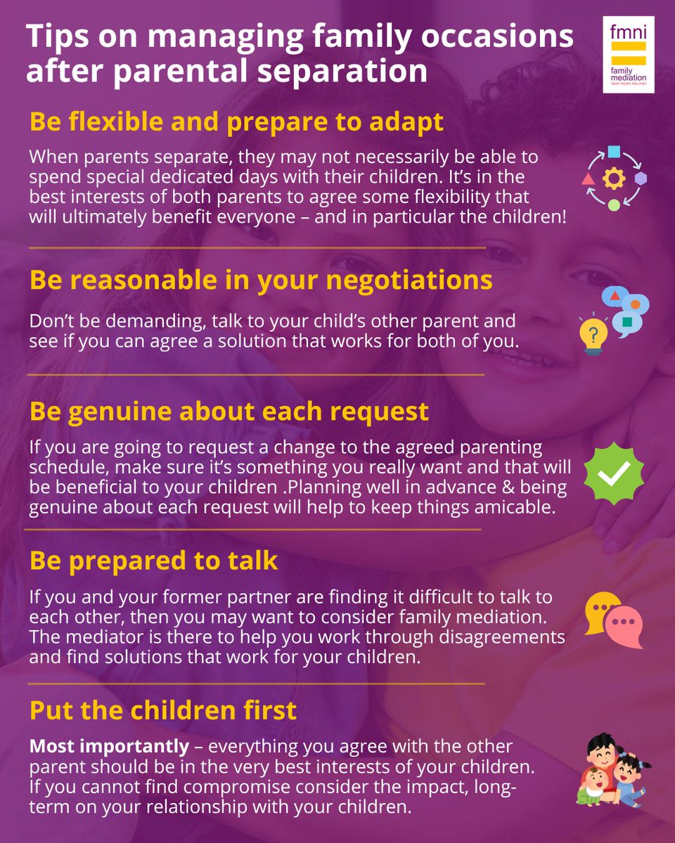 For separated parents family occasions may be difficult or unsettling and result in conflict, especially if it falls on a weekend when the other parent is due to have the children. Here are some suggestions to help former couples to manage future family occasions: @healthdpt