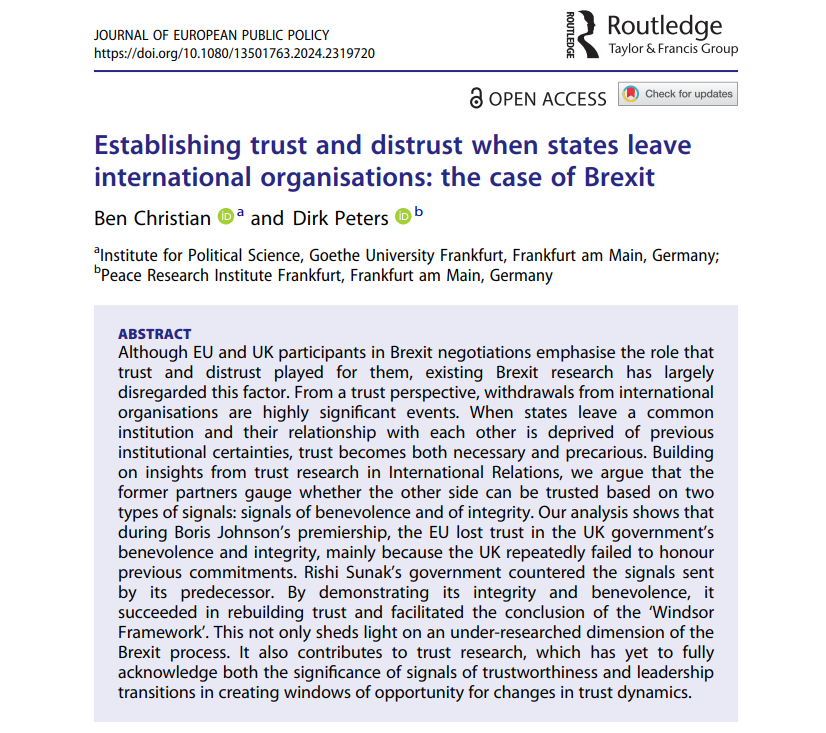 Very happy to see this new article published @jepp_journal! Dirk Peters (@PRIF_org) and I analyze how trust is lost (and can be rebuilt) when states leave international organizations. #Brexit Short thread below, open access here: tandfonline.com/doi/full/10.10…