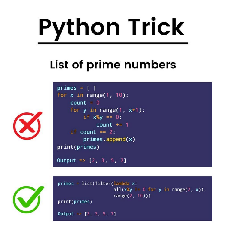 PythonDvz's tweet photo. Python trick: Short trick to find List of prime numbers

Don't Forget To Like ♥️  | Share 📲 | Comment 💬 | Save 📥

#python #programming #developer #morioh #programmer #coding #coder #softwaredeveloper #webdev #webdeveloper #webdevelopment #ai #ml #machinelearning #datascience https://t.co/v1LG0QzZ0s