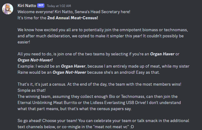 SenwaClinic's tweet photo. Greetings our dear guests.
It is a grim time for all.

The Meat Census is back upon us.
Please check this notice from our secretary Kiri.

Are you team #OrganHavers or team #OrganNotHavers?

May you find your salvation on the battlefield. https://t.co/ewktn3mmNH