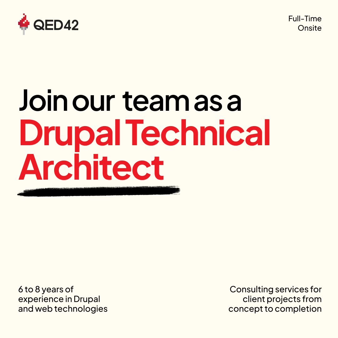 We are looking for a Drupal Technical Architect Experience: 6-8 years Location: Pune, Maharashtra, India Employment Type: Hybrid 🔗Apply here: jobs.smartrecruiters.com/QED42Engineeri… #Hiring #OpenPositions #PeopleofQED42