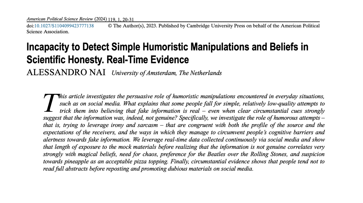 🚨 Delighted to share the new article below, out at @apsr_journal The article leverages real-time data collected on social media to investigate the persuasive effects of exposure to low-quality humoristic manipulations ➡️Ungated: tinyurl.com/2vn87vaa