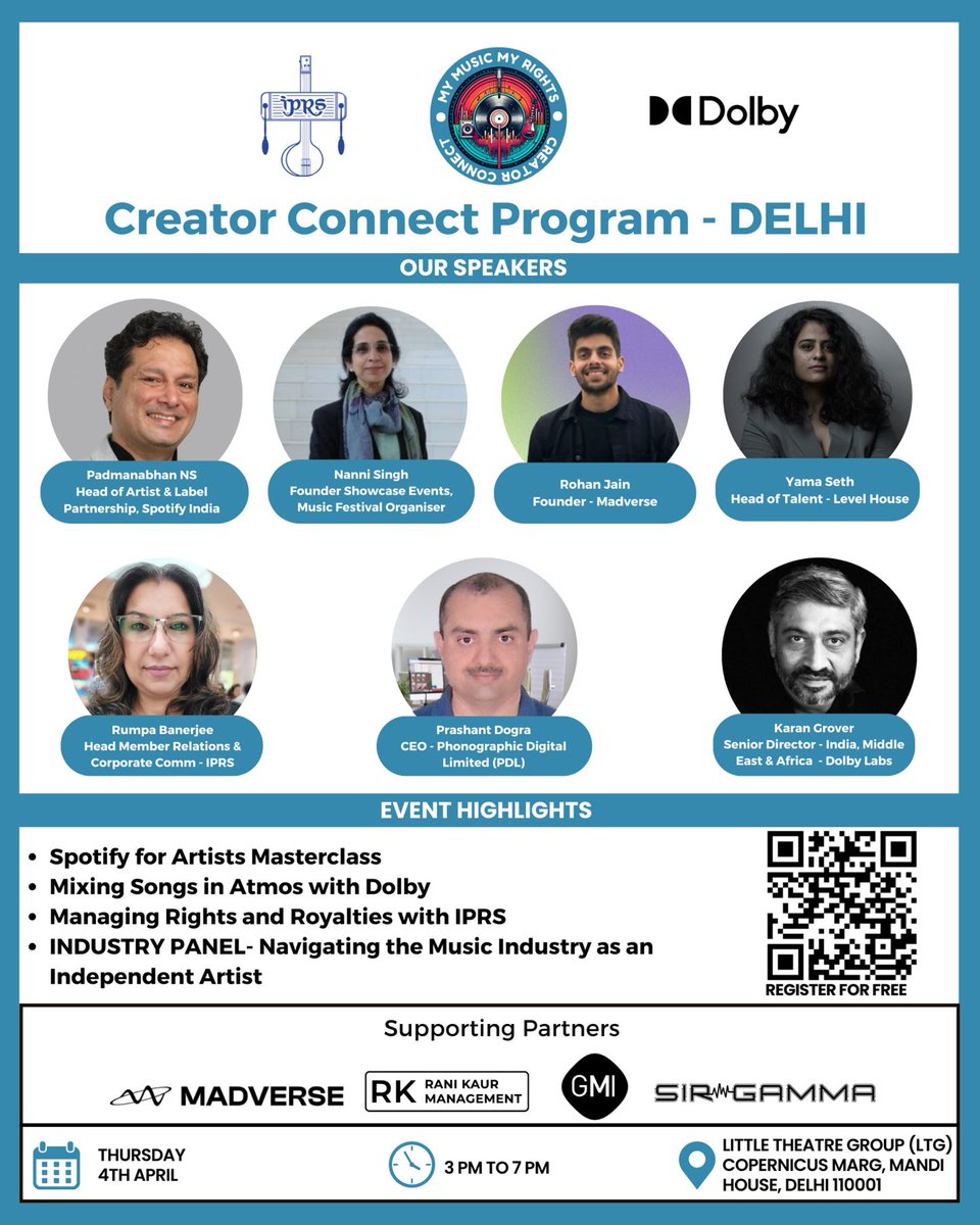 Ameet Datta 🇮🇳 (@dattaameet) on Twitter photo <a href="/IPRSmusic/">Indian Performing Right Society Limited</a> is collaborating with <a href="/DolbyIn/">Dolby India</a> for this event for Music Creators. An opportunity for Aspiring artists, seasoned pros to connect with fellow creators, experts, and discover cutting-edge trends and technologies.
Register at: bit.ly/Mymusicmyrights <a href="/IPRSmusic/">Indian Performing Right Society Limited</a> is collaborating with <a href="/DolbyIn/">Dolby India</a> for this event for Music Creators. An opportunity for Aspiring artists, seasoned pros to connect with fellow creators, experts, and discover cutting-edge trends and technologies.
Register at: bit.ly/Mymusicmyrights