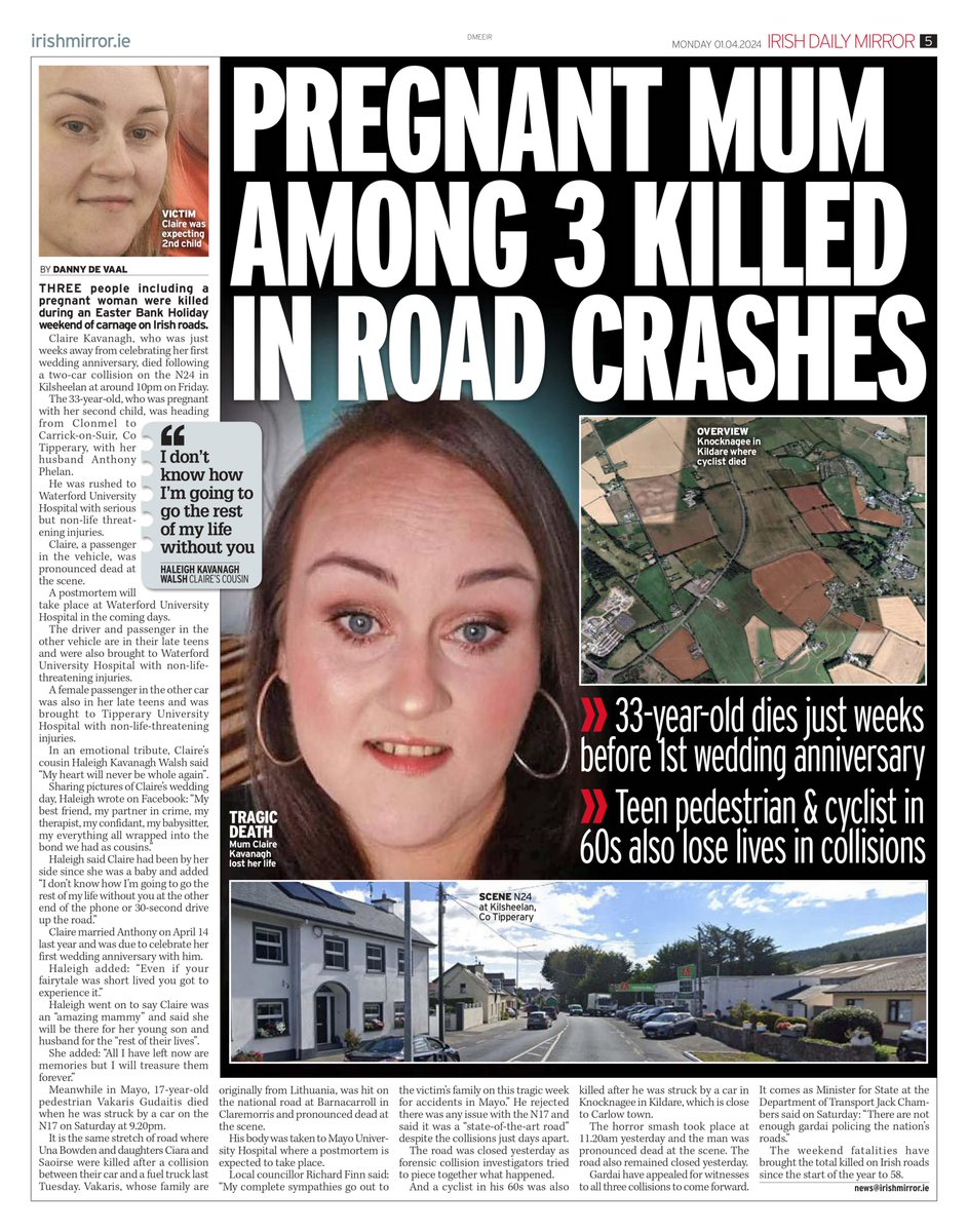 A pregnant mum, a 17-year-old teenage boy and a cyclist were killed on Irish roads over the Easter Bank Holiday weekend. Full story in today's Irish Mirror or online here: irishmirror.ie/news/irish-new…