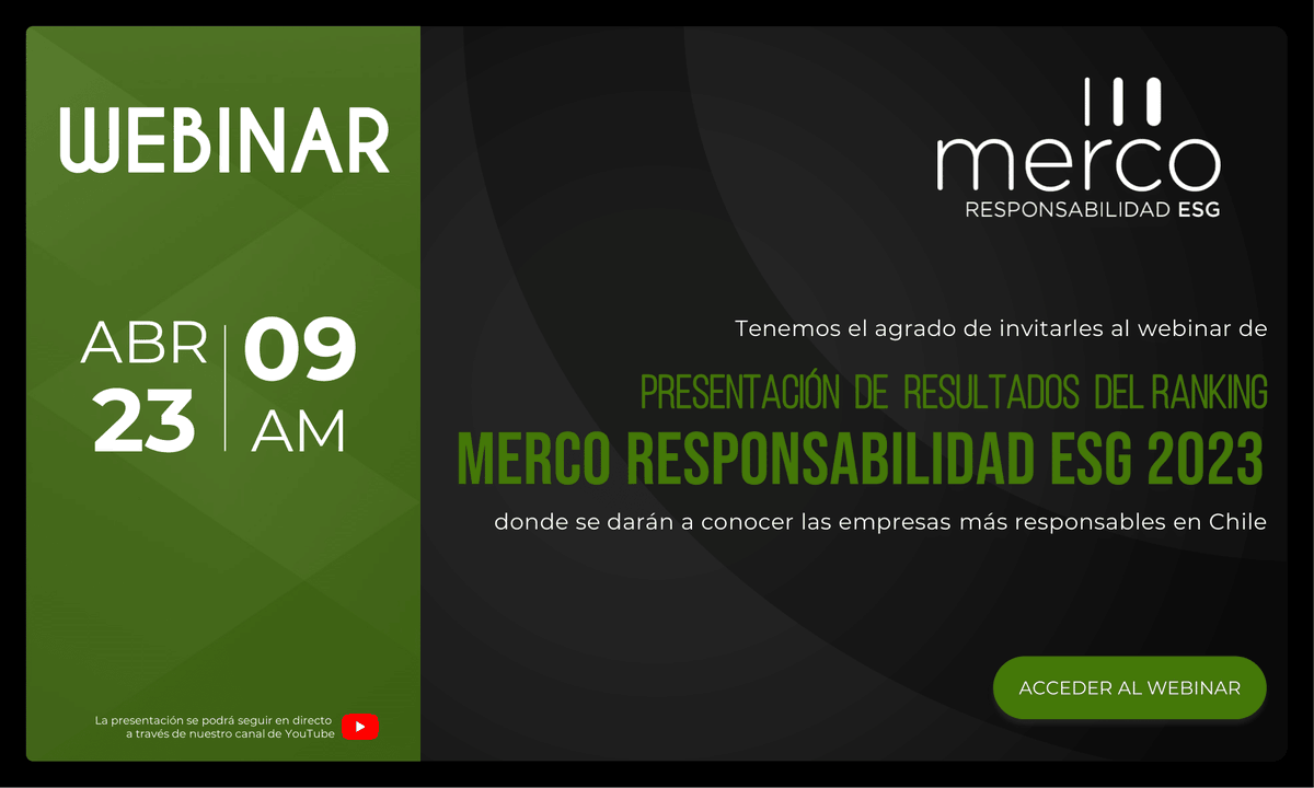 🟢 Se acerca la presentación de los resultados de #MercoResponsabilidadESGChile2023, ocasión en la que se expondrán cuáles son las empresas más responsables del país. 📆23 de abril ⌚9:00 horas 👉zoom.us/j/92003131483o desde nuestro canal de YouTube. #Reputación #ESG #Empresas