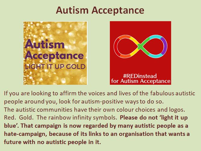 An affirming shout-out to autistic people as we enter the 'Autism Bewareness Month'. Look after yourselves. Our reminder of the importance of autistic community symbols, not puzzle pieces or the colour blue/ 'light it up blue' campaigns. Proper inclusion pls, not 'awareness'.