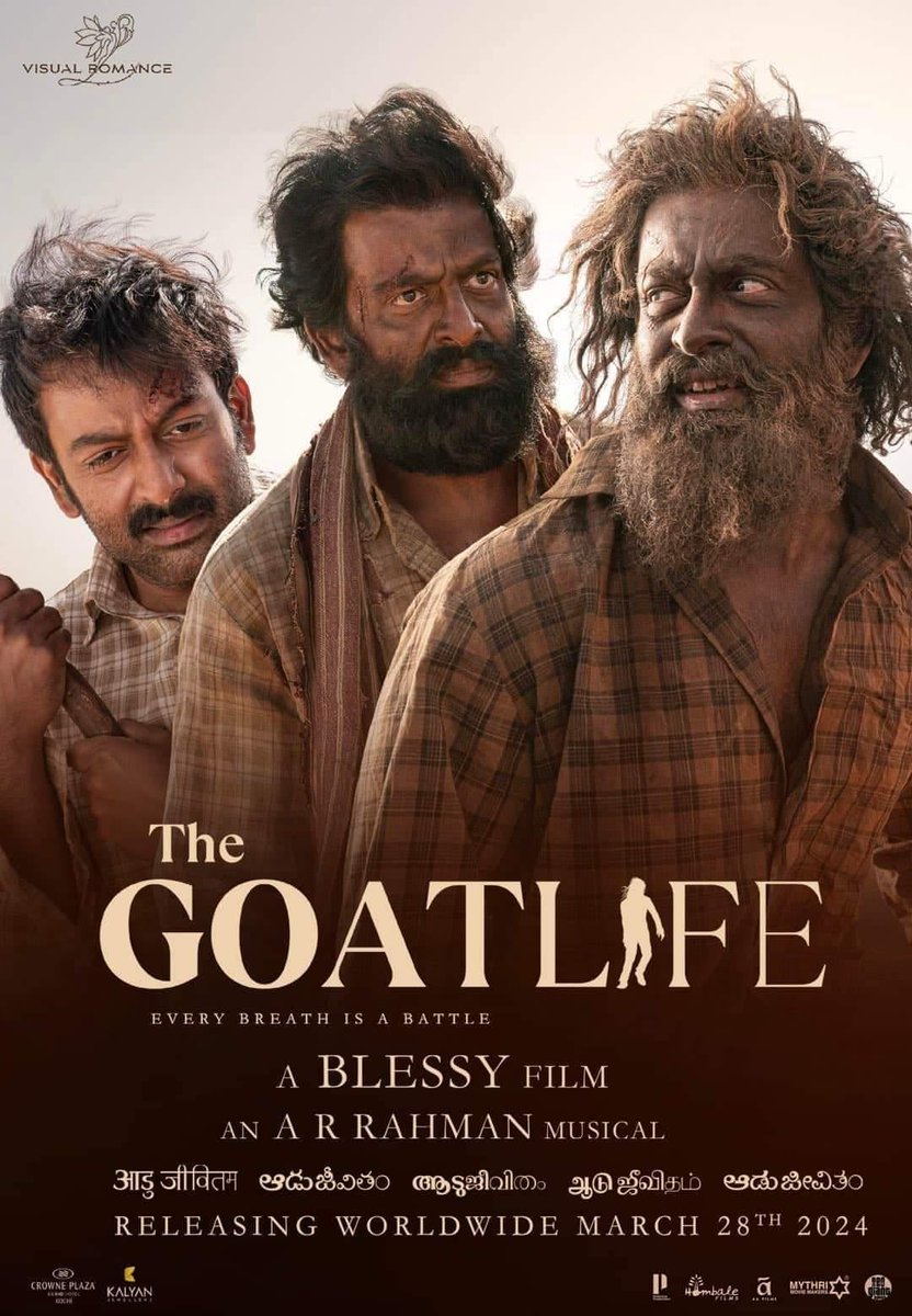 #TheGoatLife 👌
#Aadujeevitham 🔥🐑⏳️💦
The #Oscar movie from India 
Stars #PrithvirajSukumaran
#JimmyJeanLouis #AmalaPaul 
#KRGokul #TalibAlBalushi #RikAby
Director #Blessy Written #Benyamin
Music #ARRahman
Sound #ResulPookutty 
Cinematography #SunilKS
Editor ##ASreekarPrasad