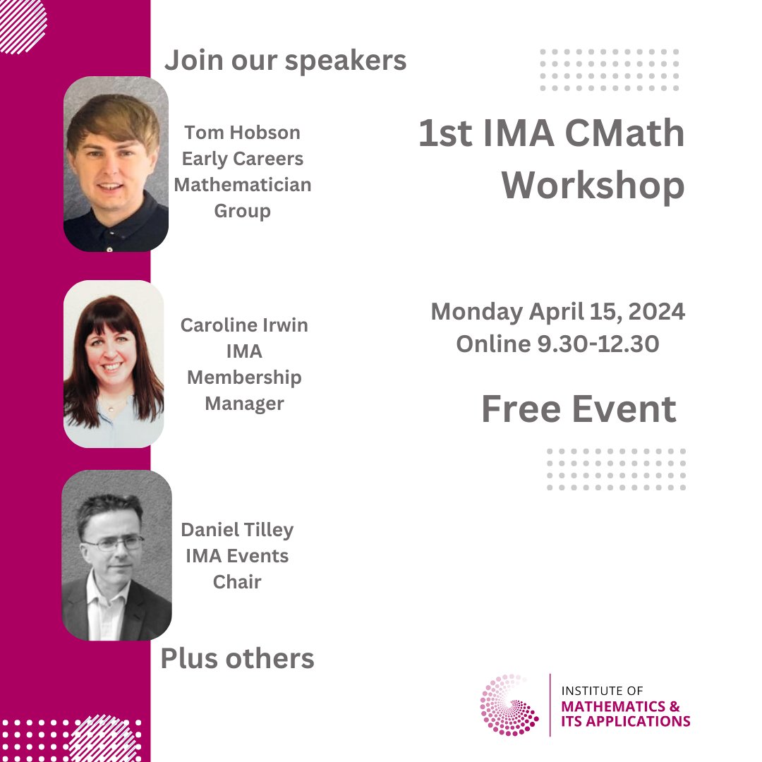 Register and secure your place for the 1st IMA CMath Workshop on Monday 15th April.  Join our speakers who will be able to answer any questions you have around CMath. 

ima.org.uk/23761/1st-c-ma…

#IMAEVENTS #IMAILOVEMATHS #Mathematicians #Mathsnetwork #Cmathworkshop