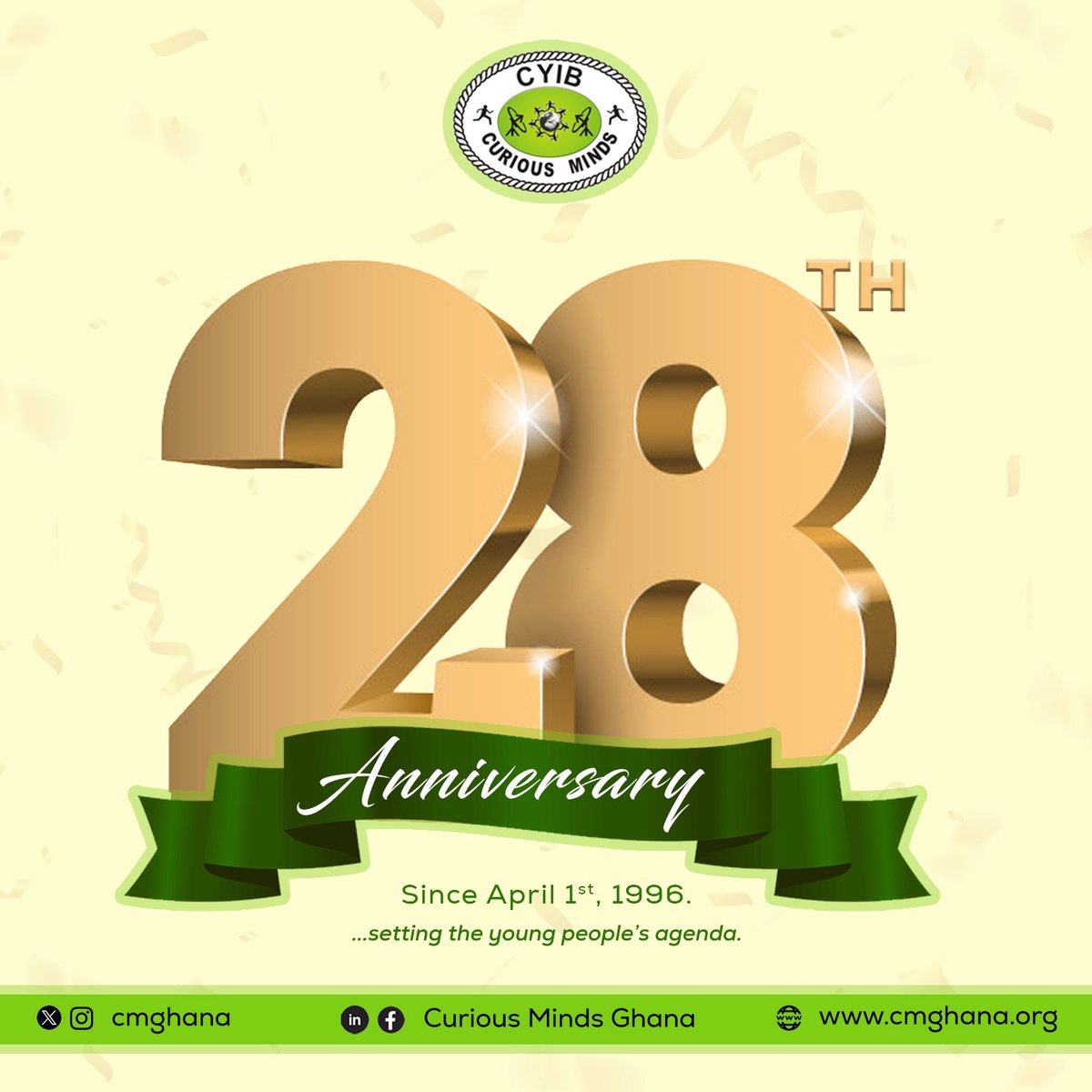 cmghana's tweet photo. The beginning of another milestone; 28yrs of championing meaningful youth participation, partaking in policy formulation &amp; amendments, leading the charge in advocacy and training young people for national &amp; international platforms.

Here’s to more growth 🎉

#CMGhana #CuriousAt28 https://t.co/Jsjgim7Lfb
