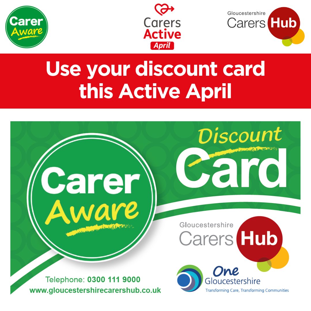 Have you got your Carer Aware Discount Card?

Did you know we have various leisure centre's signed up offering a discount?

Visit: gloucestershirecarershub.co.uk/carer-aware/bu… to find out what organisations offer a discount near you

#activeapril #carerawareglos #unpaidcarers