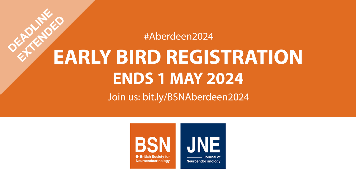 EARLY BIRD DEADLINE EXTENDED! 

You now have until 1 May 2024 to enjoy the early bird rates.

Join us at #Aberdeen2024 for our Annual Meeting highlighting the latest neuroendocrinology research. 🧠🔬

bit.ly/BSNAberdeen2024
