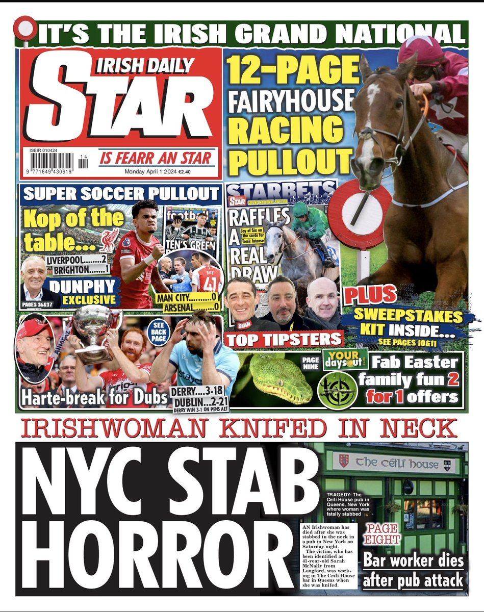Easter Monday's bumper Bank Holiday edition includes three great sports pullouts including @Fairyhouse Festival pullout and Irish Grand National sweepstakes kit