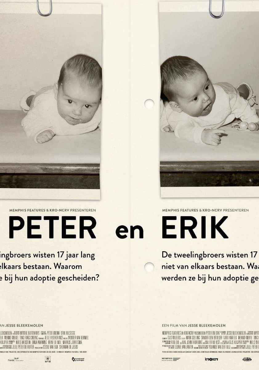 Mijn eeneiige tweelingbroer en ik zijn vlak na de geboorte door de Kinderbescherming uit elkaar gehaald. In een 2-delige documentaire van KRO NCRV staat 23 en 24 mei op NPO 2 de vraag waarom centraal. Zondag 21 april is de première van de docu Peter en Erik in het Forum.