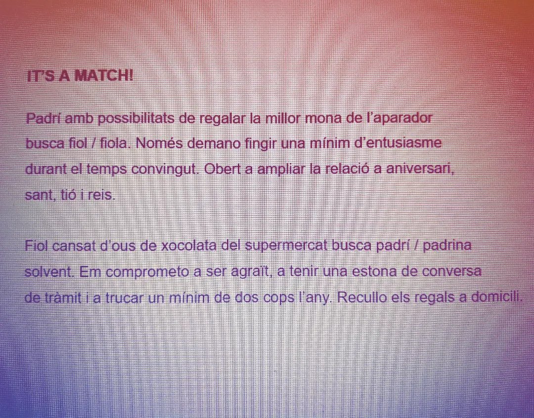 #microrelats #microcontes #escriure #escriureencatalà #relatsencatalà #uncontecadadia #dia1472 #itsamatch #perfilscompatibles #padrinsipadrines #fiolsifioles #lamona #santasetmana