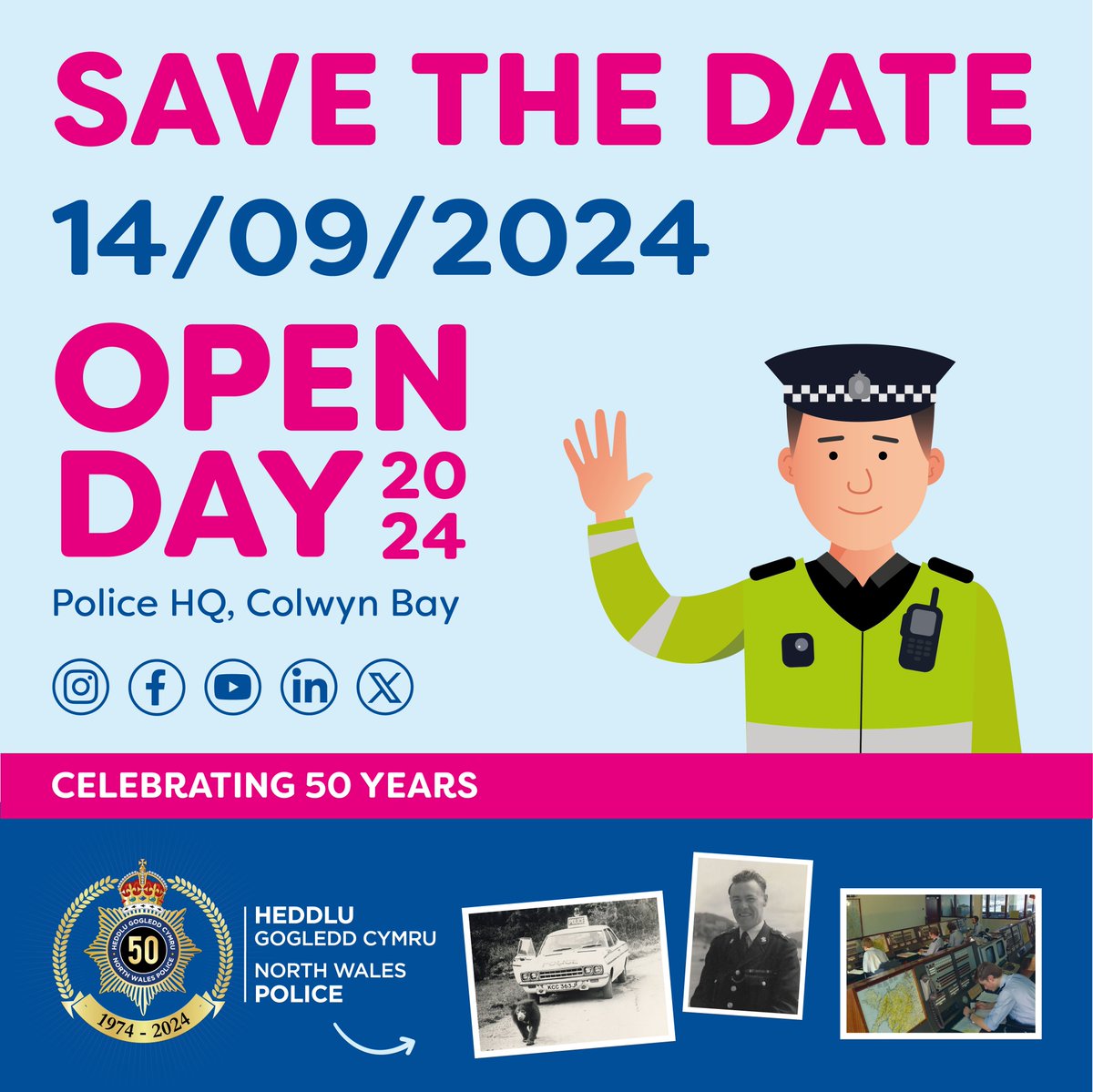 Happy 5️⃣ 0️⃣ th anniversary to us 🥳 Policing has occurred in North Wales for over 160 years but North Wales Police as we now know it was officially formed on 1st April 1974. Learn more via: orlo.uk/5sFk3 And please save the date! 👇🏼 💙 #NWP50