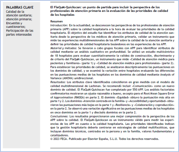 📰 The FlaQuM-Quickscan: A starting point to include primary care professionals’ perspectives in hospital quality priorities ✏️Original by F Claessens in @JHealthQualityR #RevistaSECA #JHQR 👉 bit.ly/4ccLjTq ✅#QualityHealthcare #PrimaryHealthcare #Surveys #stakeholders