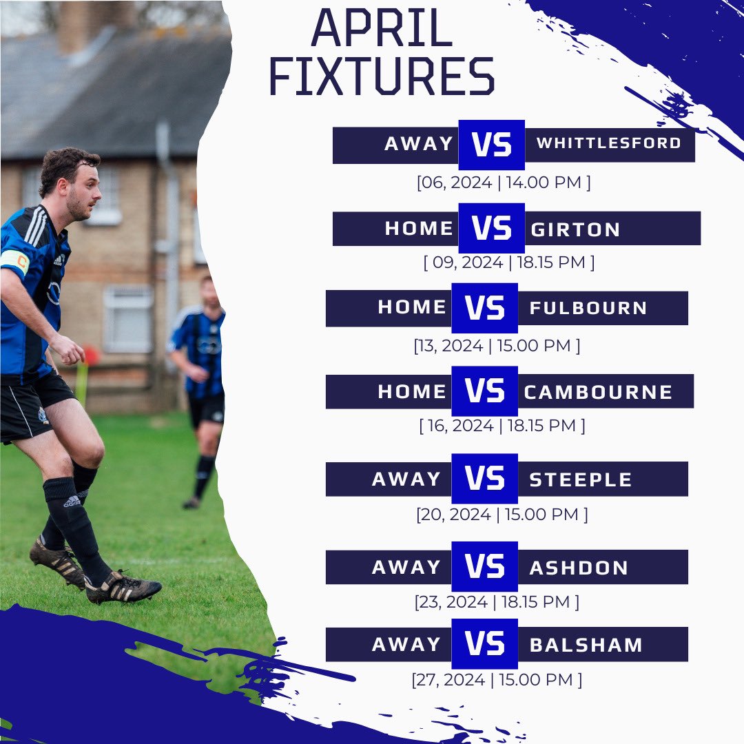Cambambassadors's tweet photo. 7️⃣ GAMES THIS MONTH! 

April will see us play 7 games starting off away at Whittlesford! 

Lots to play for and we will need all of the lads! 

#UTA https://t.co/AEgMDC0pxI