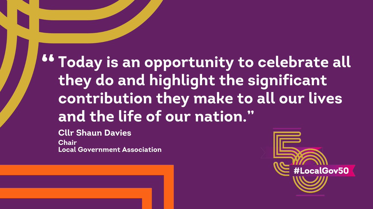 LGAcomms's tweet photo. Our chair @CllrShaunDavies said: “While the past 50 years has seen many changes, local councils remain at the heart of their communities.
“From looking after our most vulnerable in society, to emptying bins &amp; keeping streets clean, councils touch the lives of everyone everyday. https://t.co/D03VWayevH