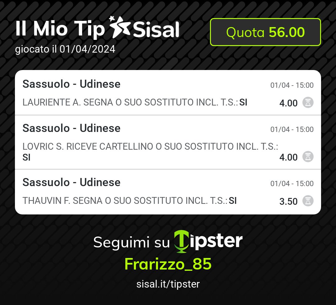 Sassuolo-Udinese altra combo in singola ore 15:00,solo giocate di qualità,tutto GRATIS senza link fake o trappole.
Qui si vince e si perde,ma si fa' tutto con onestà.
Seguitemi per aiutarmi a crescere👇
#bet
#SassuoloUdinese
#pronostici
#combo
#SerieATIM