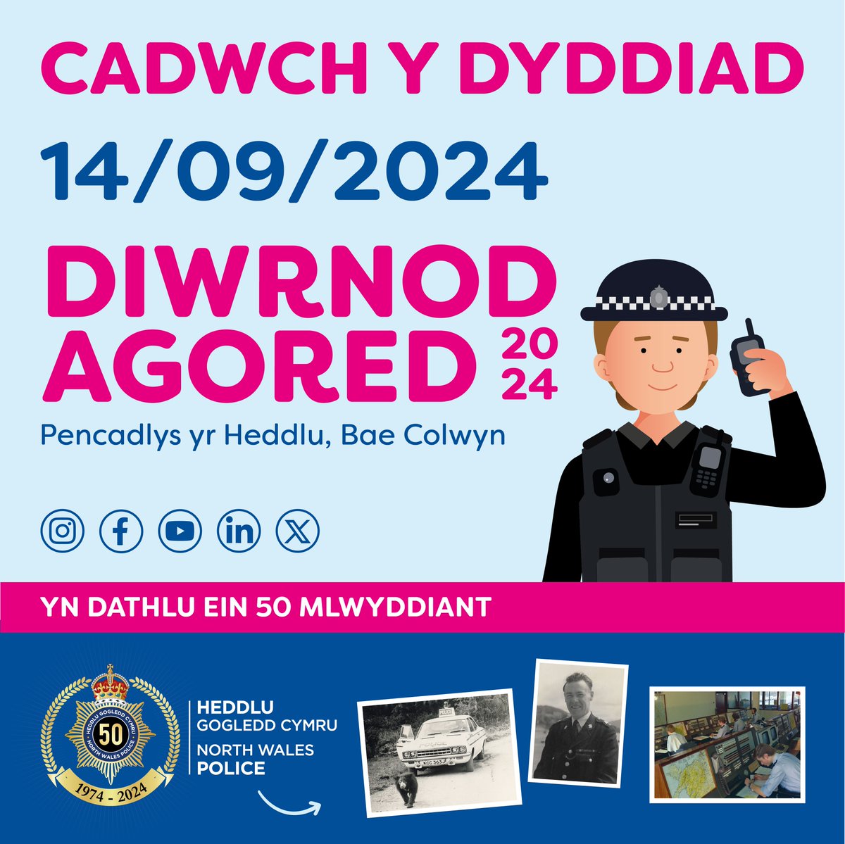 Rydym yn dathlu 5️⃣ 0️⃣ mlynedd 🥳 Mae plismona wedi digwydd yng Ngogledd Cymru ers dros 160 o flynyddoedd ond cafodd Heddlu Gogledd Cymru, fel yr ydym yn ei adnabod heddiw, ei greu yn swyddogol ar y cyntaf o Ebrill 1974. Mwy yma: orlo.uk/OtuIQ 👇🏼 #HGC50