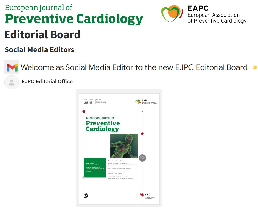 Proud to be part of the new Editorial Board of the European Journal of Preventive Cardiology 🤩 Today my role as Social Media Editor begins and I am ready to inform you about our relevant and impactful scientific articles! Thanks to Prof. @AboyansV, new Editor-in-Chief 🥳 #EJPC