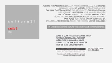 Estamos encantados de anunciar que otro año más se celebrará en el Museo del Prado #Cultura24, organizado por @radio3_rne. Del lunes 8 al viernes 12 se hablará sobre arte, culturas periféricas, gastronomía, humor y circo amp.rtve.es/radio/20240322…