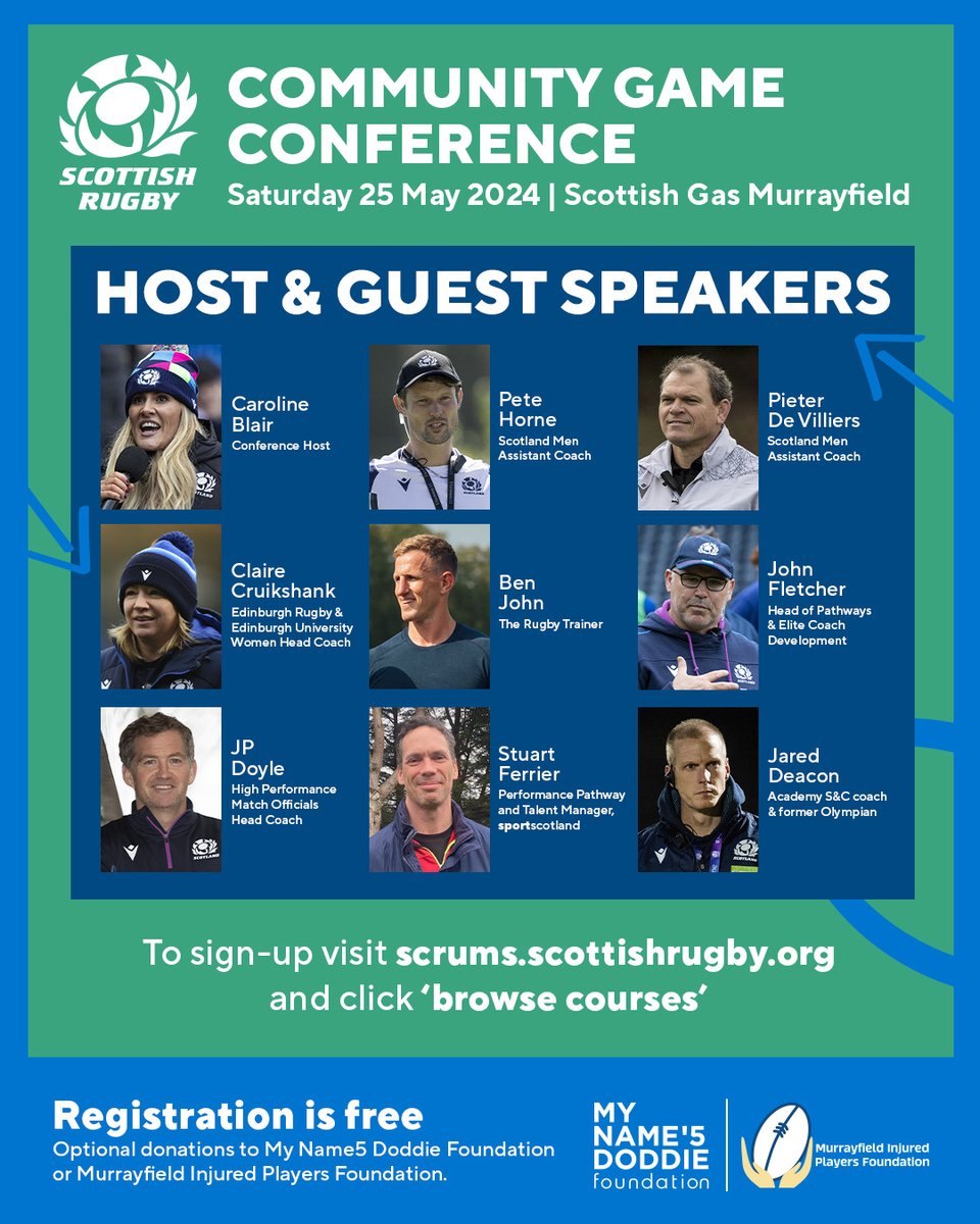 Scottish Rugby (@scotlandteam) on Twitter photo 🌟 A star-studded line up 🌟
The Community Game Conference returns to <a href="/MurrayfieldStad/">Scottish Gas Murrayfield</a>, and is open to all club, school & society coaches, match officials, volunteers and leaders.
📝 Registration via SCRUMS. 🌟 A star-studded line up 🌟
The Community Game Conference returns to <a href="/MurrayfieldStad/">Scottish Gas Murrayfield</a>, and is open to all club, school & society coaches, match officials, volunteers and leaders.
📝 Registration via SCRUMS.