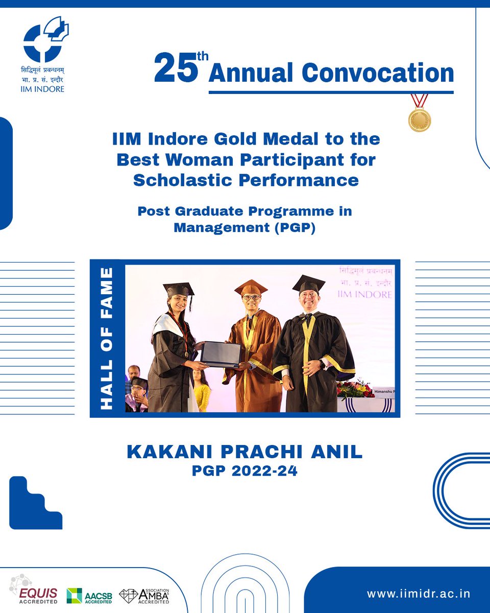IIM_I's tweet photo. #25thConvocation: Highlighting the exceptional achievement of our PGP Gold Medalists at the convocation ceremony. Their excellence is an inspiration to all. Congratulations on this remarkable accomplishment!
#IIMI #IIMIndore @askhimanshurai @MM_Murugappan @rndx1 @EduMinOfIndia https://t.co/4688oXw8ue
