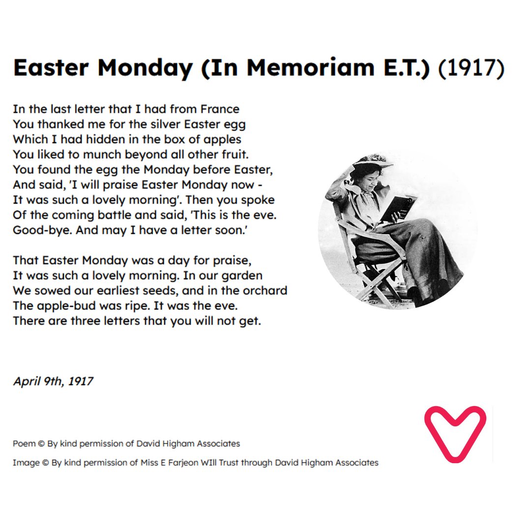 For #EasterMonday, Eleanor Farjeon's restrained and tender sonnet, written for Edward Thomas, with whom Farjeon had an intense emotional and intellectual relationship. Explore the poem and watch #PoetryByHeart finalist Clover's pitch-perfect performance. ow.ly/zFUE50R5AQg.