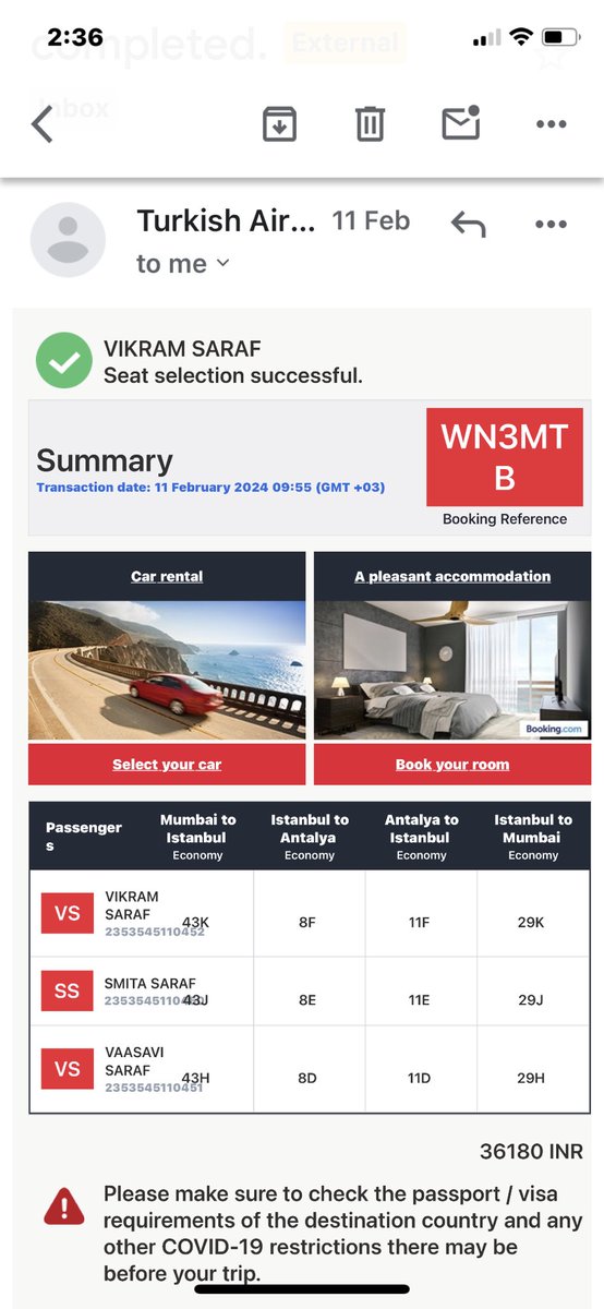 VikrumSaraf's tweet photo. @TurkishAirlines 
The below attachment shows the mail received from Turkish airlines confirming the extra  legroom seats I had purchased .
Now the seats are not showing on my ticket and app. Have called the helpline number multiple times but they are not solving the issue . https://t.co/teXiGxt2am