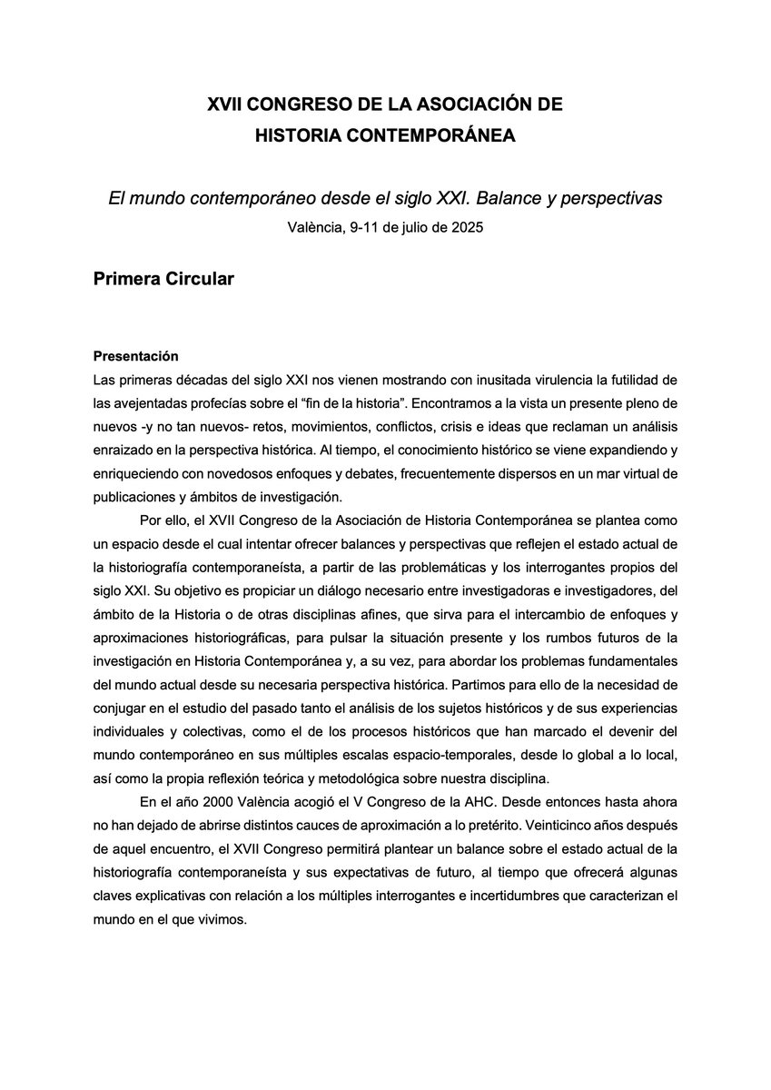 Ahistcon's tweet photo. Es un placer anunciar que ya está disponible la primera circular del XVII Congreso de nuestra asociación. Tendrá lugar en Valencia los días 9 a 11 de julio de 2025. Toda la información, aquí 👇 https://t.co/K3UKsLz6Z3