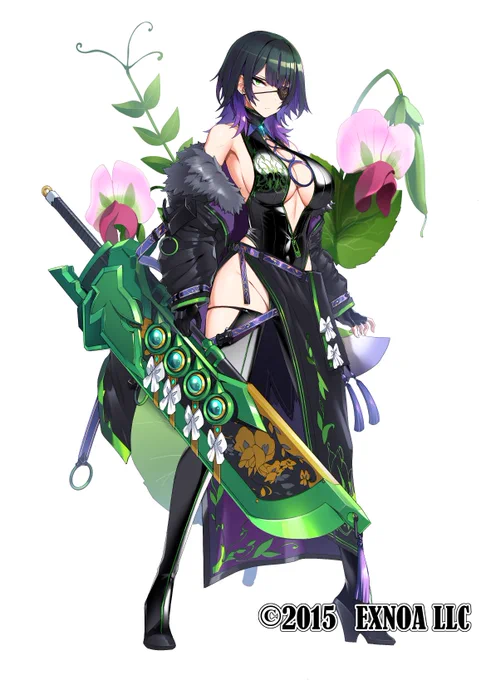 「FLOWER KNIGHT GIRL」様にて「エンドウ」を描かせて頂きました。でかい。特徴的な武器ですが、納刀した状態でも殴れる武器っぽくデザインしたつもりです。#フラワーナイトガール #花騎士 