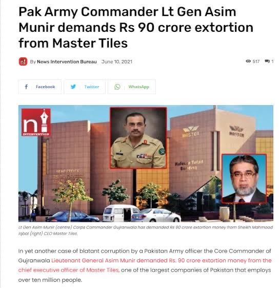 soldierspeaks's tweet photo. 1. Asim Munir demanded 90 crore bhatta from the owner of Master Tiles at Gujranwala.
2. The owner wrote a letter to PM Imran Khan.
3. Imran Khan talked to COQS Gen Bajwa.
4. Gen Bajwa sacked Asim Munir & made him Quarter Master (QMG).
5. Later on, after retirement, in collaboration with Bajwa's father in law and Sharif family, Asim Munir became the COAS, a move facilitated by the USA as per the Pakistani intelligence community.
6. After becoming COAS, Asim Munir puts Master Tile owner in jail on fictitious charges.

This is the story of the Banana Republic of Foujistan.